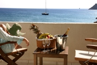 Balcony view from the Golden Milos Beach Hotel, Provatas, Milos, Cyclades, Greece