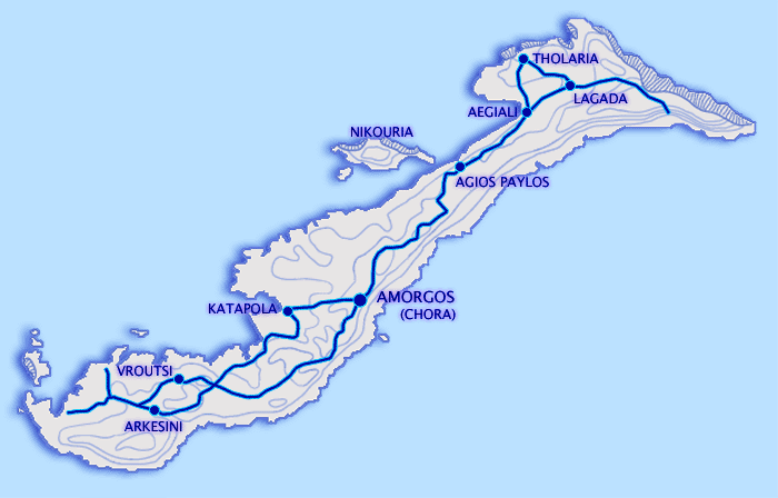 A map of Amorgos Island, Cyclades, Greece