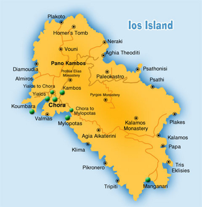 A map of Ios Island, Cyclades, Greece