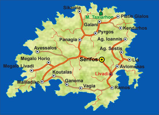 A map of Serifos Island, Cyclades, Greece
